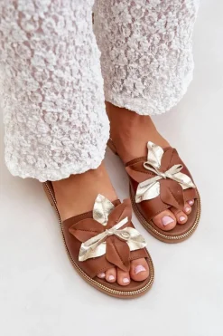 Damskie Boto Klapki Z Ozdobą Skóra Naturalna Zazoo 3574/Z Camel