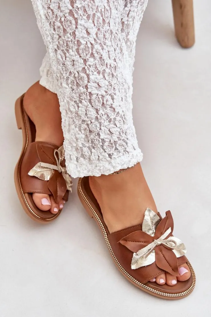 Damskie Boto Klapki Z Ozdobą Skóra Naturalna Zazoo 3574/Z Camel