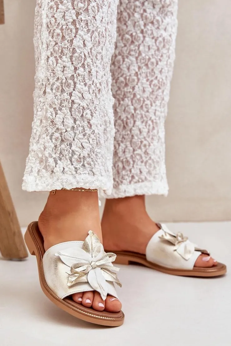 Boto Klapki Damskie Klasyczne*Klapki Z Ozdobą Skóra Naturalna Zazoo 3667 Przecierany Złoty