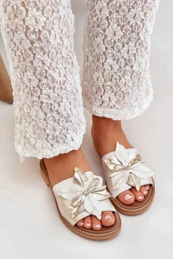 Boto Klapki Damskie Klasyczne*Klapki Z Ozdobą Skóra Naturalna Zazoo 3667 Przecierany Złoty