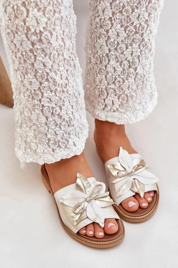 Boto Klapki Damskie Klasyczne*Klapki Z Ozdobą Skóra Naturalna Zazoo 3667 Przecierany Złoty