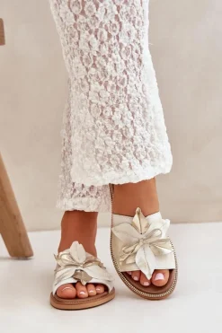 Boto Klapki Damskie Klasyczne*Klapki Z Ozdobą Skóra Naturalna Zazoo 3667 Przecierany Złoty