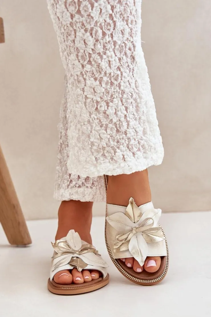 Boto Klapki Damskie Klasyczne*Klapki Z Ozdobą Skóra Naturalna Zazoo 3667 Przecierany Złoty