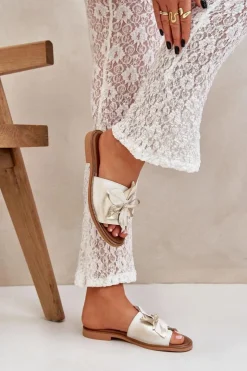 Boto Klapki Damskie Klasyczne*Klapki Z Ozdobą Skóra Naturalna Zazoo 3667 Przecierany Złoty