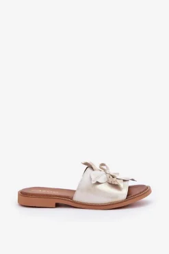 Boto Klapki Damskie Klasyczne*Klapki Z Ozdobą Skóra Naturalna Zazoo 3667 Przecierany Złoty