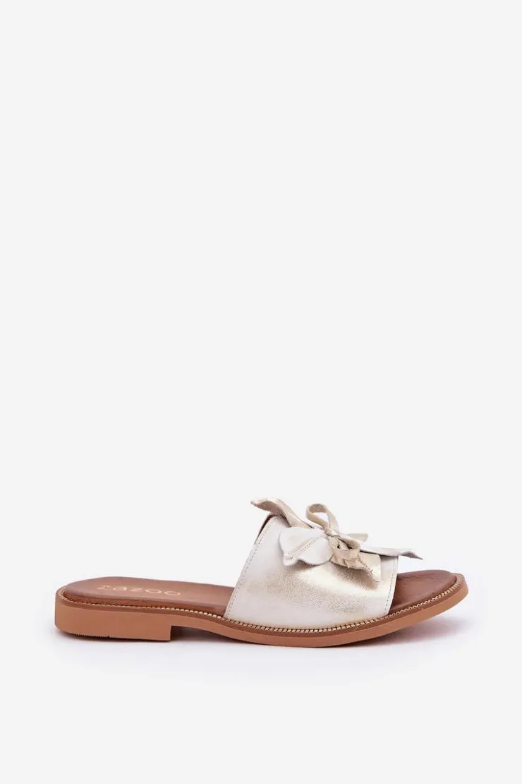 Boto Klapki Damskie Klasyczne*Klapki Z Ozdobą Skóra Naturalna Zazoo 3667 Przecierany Złoty