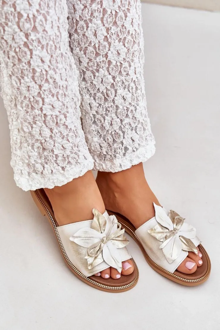 Boto Klapki Damskie Klasyczne*Klapki Z Ozdobą Skóra Naturalna Zazoo 3667 Przecierany Złoty