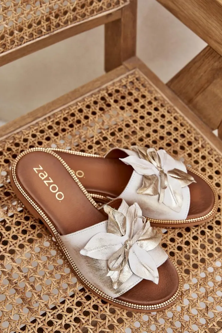 Boto Klapki Damskie Klasyczne*Klapki Z Ozdobą Skóra Naturalna Zazoo 3667 Przecierany Złoty