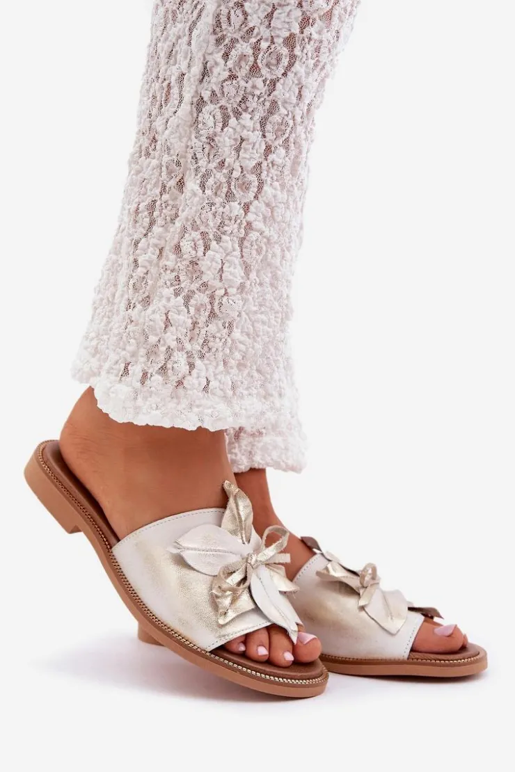 Boto Klapki Damskie Klasyczne*Klapki Z Ozdobą Skóra Naturalna Zazoo 3667 Przecierany Złoty