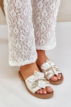 Damskie Boto Klapki Z Ozdobą Skóra Naturalna Zazoo 3667 Białe