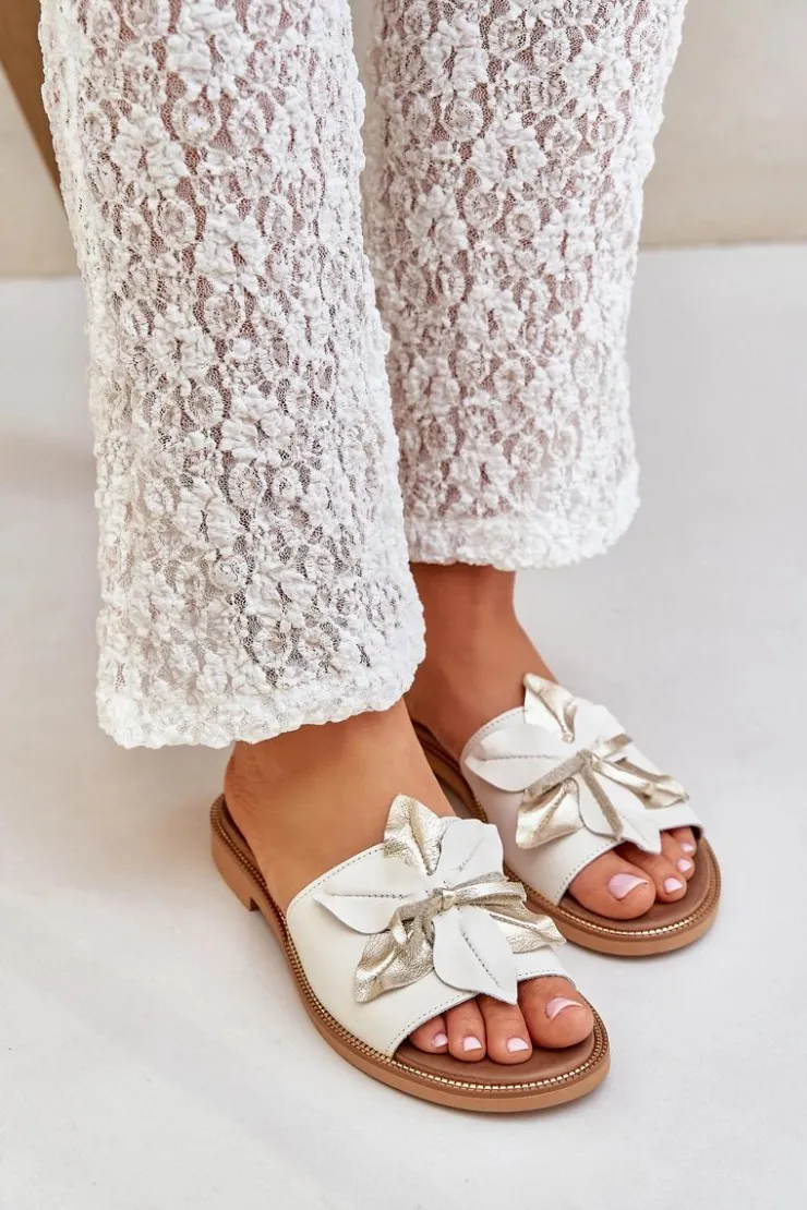 Damskie Boto Klapki Z Ozdobą Skóra Naturalna Zazoo 3667 Białe