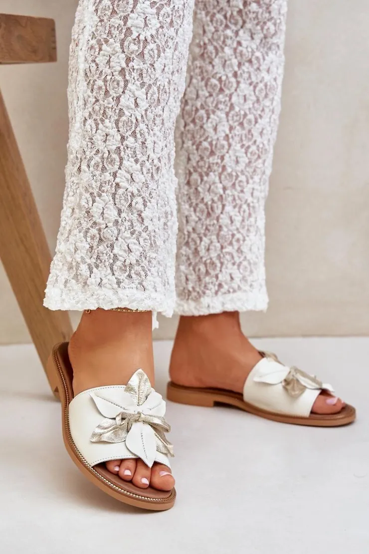 Damskie Boto Klapki Z Ozdobą Skóra Naturalna Zazoo 3667 Białe