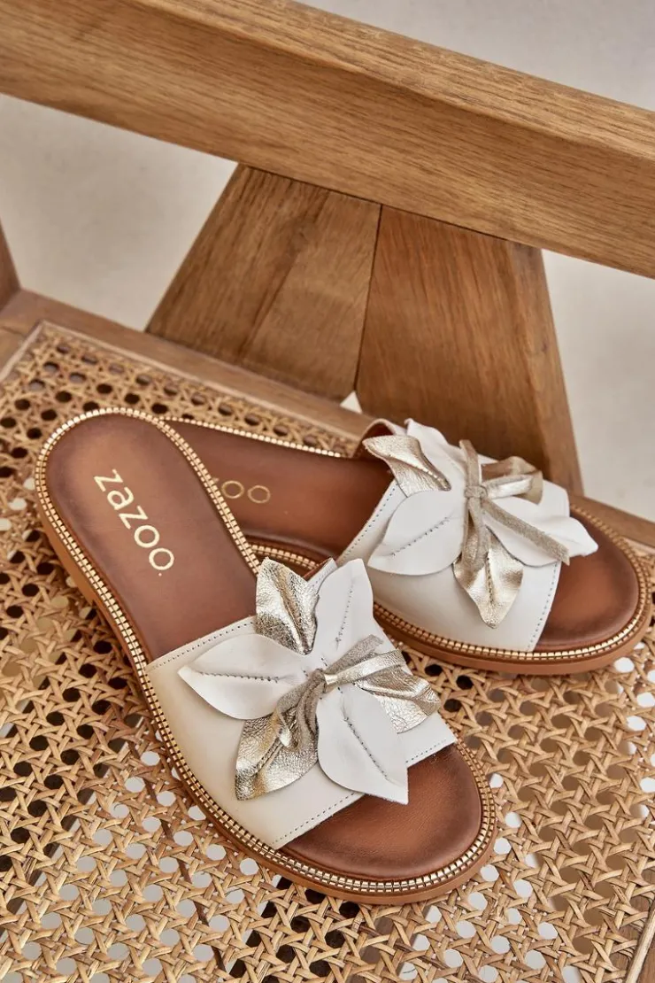 Damskie Boto Klapki Z Ozdobą Skóra Naturalna Zazoo 3667 Białe