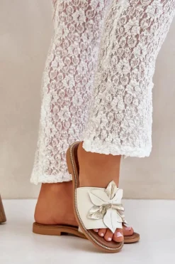 Damskie Boto Klapki Z Ozdobą Skóra Naturalna Zazoo 3667 Białe