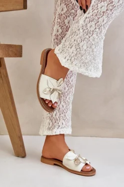 Damskie Boto Klapki Z Ozdobą Skóra Naturalna Zazoo 3667 Białe