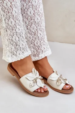 Damskie Boto Klapki Z Ozdobą Skóra Naturalna Zazoo 3667 Białe