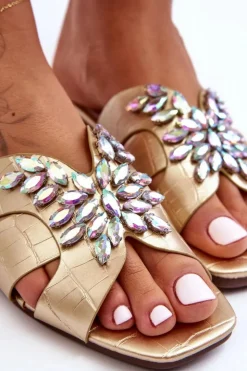 Damskie Damskie buty S.Barski Klapki Z Ozdobnymi Kamieniami S.Barski 617-22 Złote