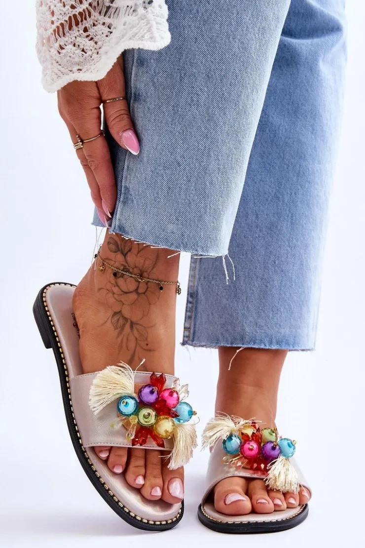 Outlet Damskie buty S.Barski Klapki Z Ozdobnymi Koralikami S.Barski KV-2775-47 Nude Beżowy