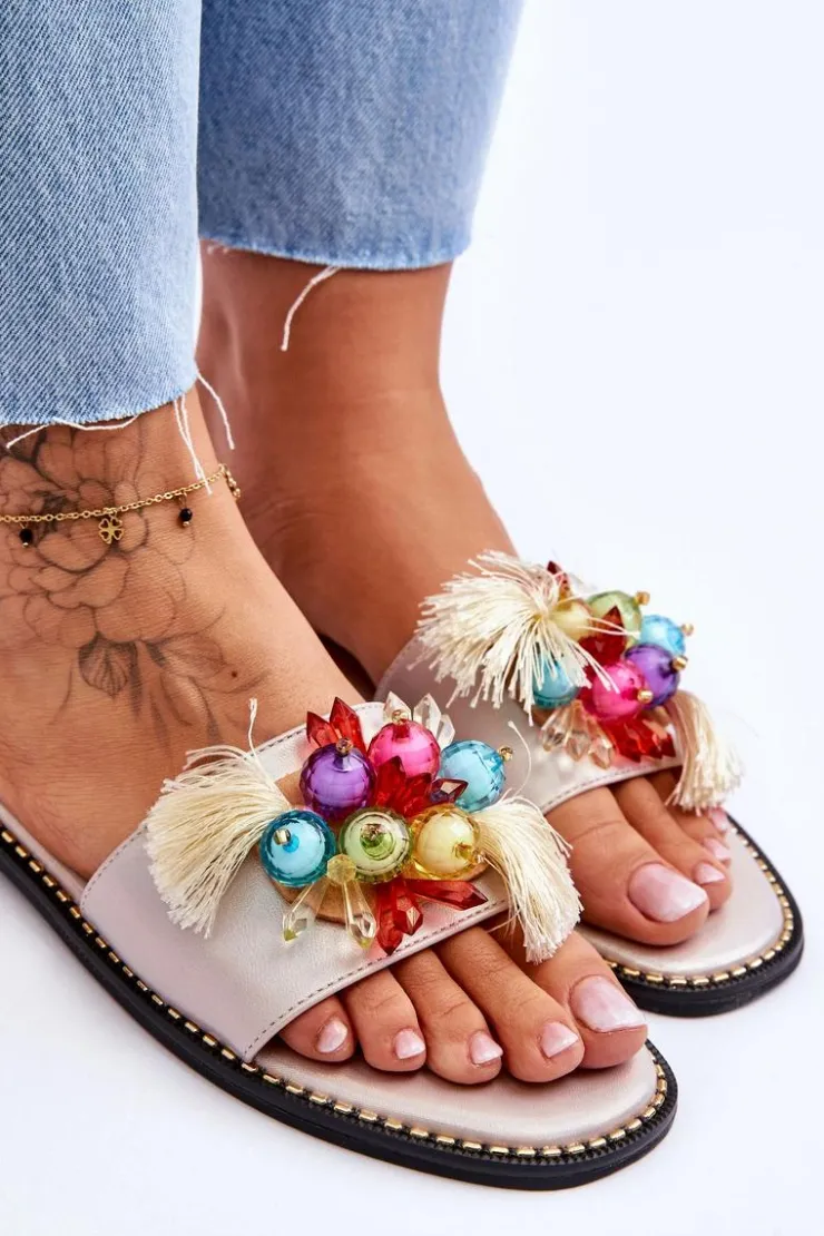 Outlet Damskie buty S.Barski Klapki Z Ozdobnymi Koralikami S.Barski KV-2775-47 Nude Beżowy