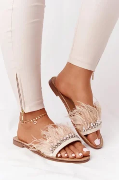 Damskie Boto Klapki Z Piórami Lu Boo Beżowe