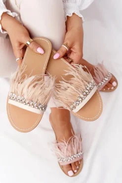 Damskie Boto Klapki Z Piórami Lu Boo Beżowe