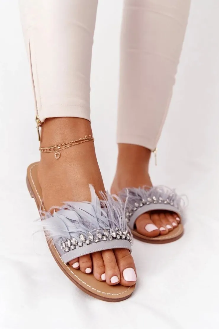 Damskie Boto Klapki Z Piórami Lu Boo Szare