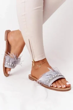 Damskie Boto Klapki Z Piórami Lu Boo Szare