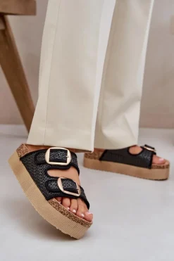 Damskie Boto Klapki Z Plecionką I Klamrami Na Masywnej Platformie Czarne Aralissea