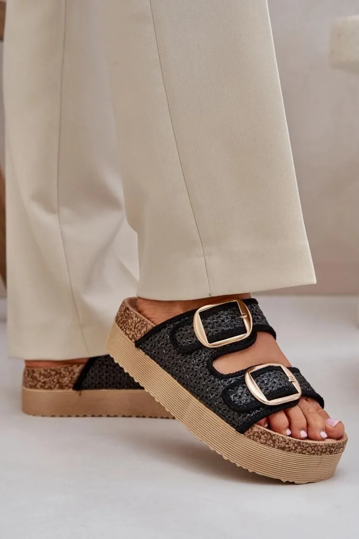 Damskie Boto Klapki Z Plecionką I Klamrami Na Masywnej Platformie Czarne Aralissea