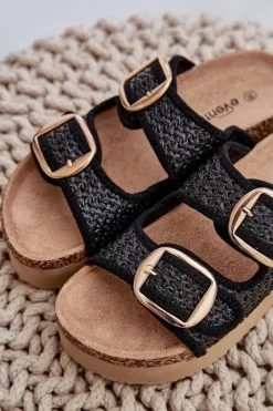 Damskie Boto Klapki Z Plecionką I Klamrami Na Masywnej Platformie Czarne Aralissea