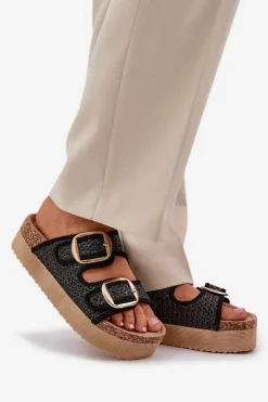 Damskie Boto Klapki Z Plecionką I Klamrami Na Masywnej Platformie Czarne Aralissea