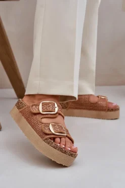 Discount Boto Klapki Z Plecionką I Klamrami Na Masywnej Platformie Camel Aralissea