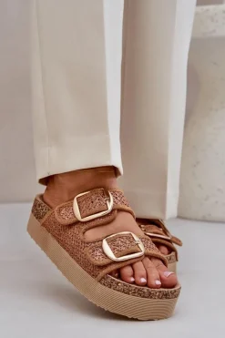 Discount Boto Klapki Z Plecionką I Klamrami Na Masywnej Platformie Camel Aralissea