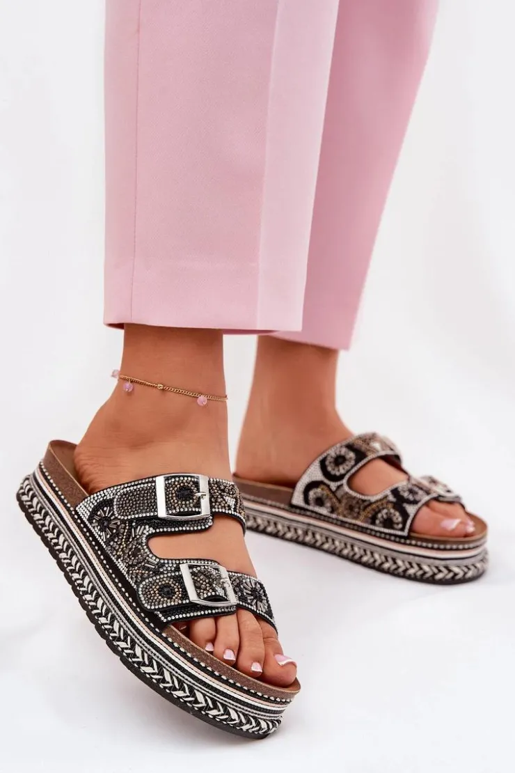 Hot Boto Klapki Ze Zdobieniem I Klamrami Na Platformie Czarne Mellene Czarny