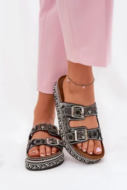 Hot Boto Klapki Ze Zdobieniem I Klamrami Na Platformie Czarne Mellene Czarny