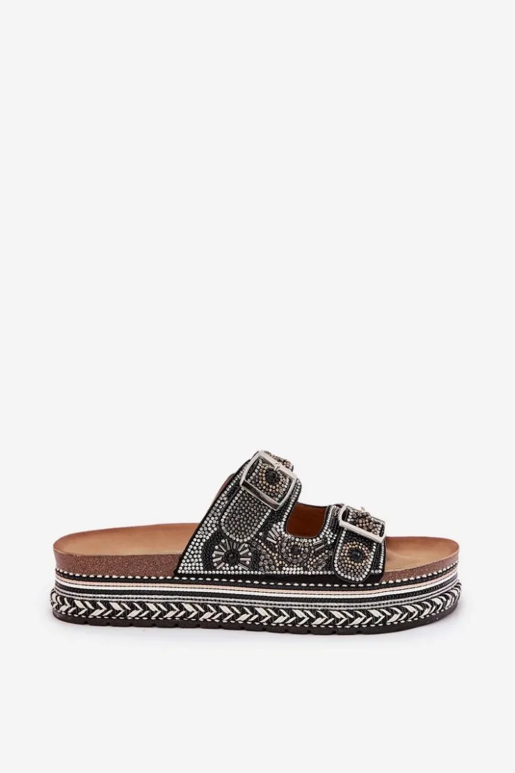 Hot Boto Klapki Ze Zdobieniem I Klamrami Na Platformie Czarne Mellene Czarny