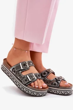 Hot Boto Klapki Ze Zdobieniem I Klamrami Na Platformie Czarne Mellene Czarny