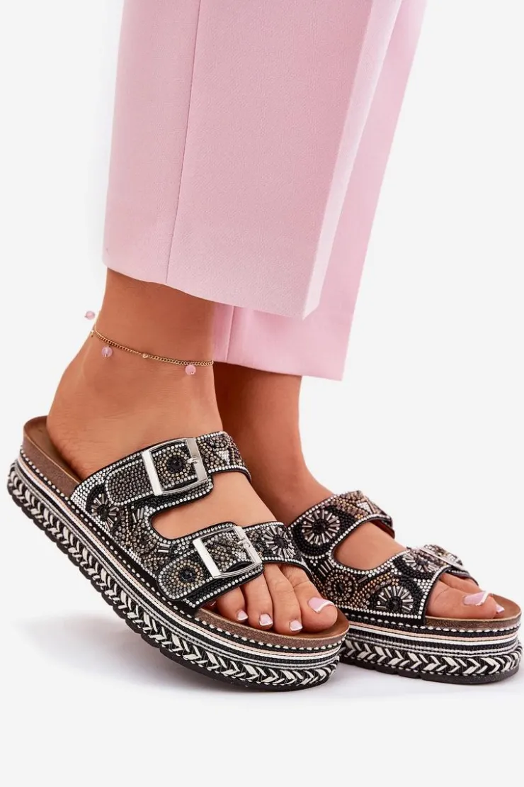 Hot Boto Klapki Ze Zdobieniem I Klamrami Na Platformie Czarne Mellene Czarny