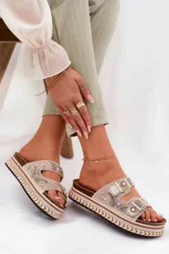 Boto Klapki Na Platformie|Klapki Damskie Klasyczne*Klapki Ze Zdobieniem I Klamrami Na Platformie Złote Mellene