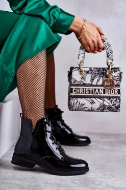 Damskie buty S.Barski Botki Sznurowane|Czarne Botki*Klasyczne Botki Lakierowane Damskie Sztyblety Bello