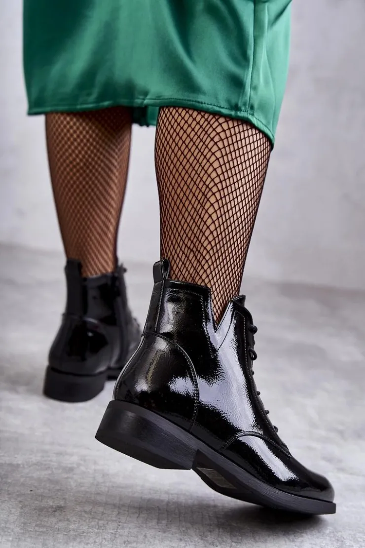Damskie buty S.Barski Botki Sznurowane|Czarne Botki*Klasyczne Botki Lakierowane Damskie Sztyblety Bello