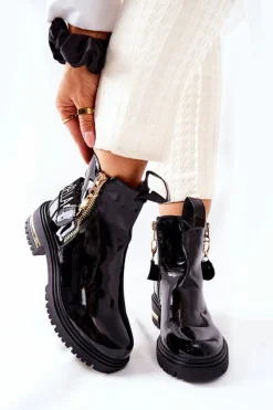 Discount Boto Klasyczne Botki Lakierowane Z Paskiem Czarne Lorie