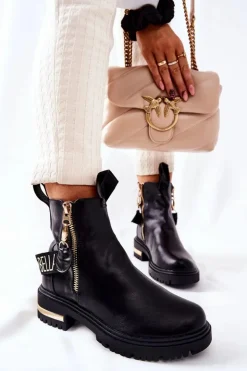 Boto Czarne Botki|Botki Płaskie*Klasyczne Botki Z Paskiem Czarne Lorie