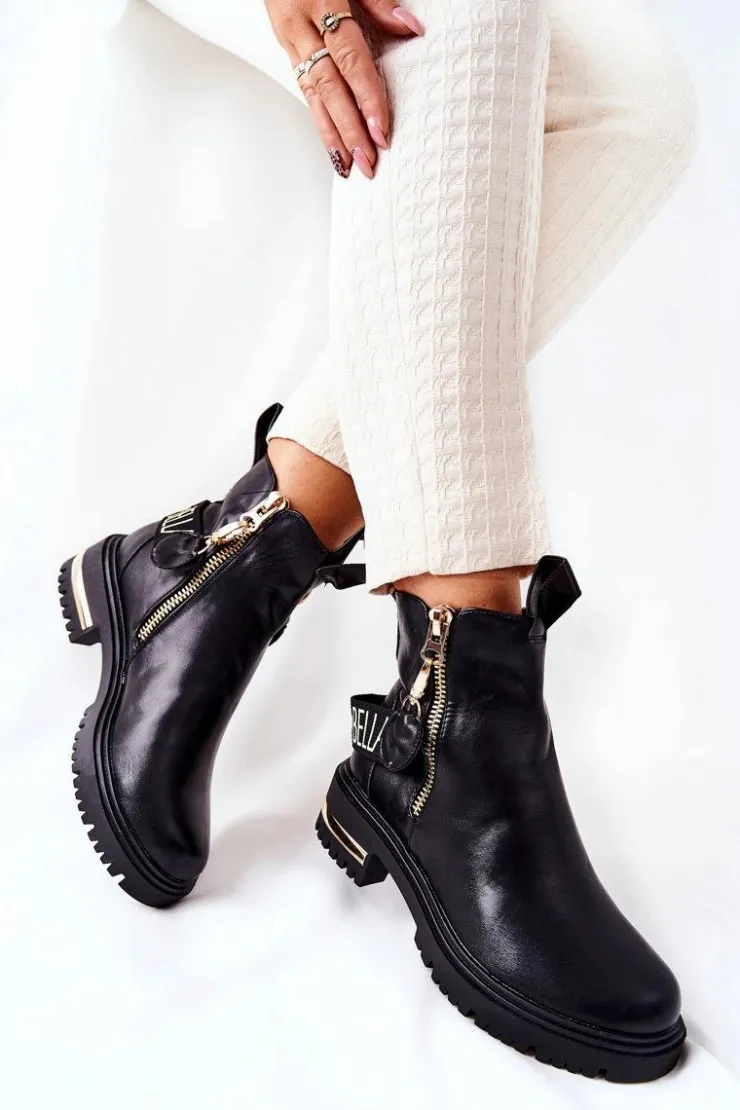 Boto Czarne Botki|Botki Płaskie*Klasyczne Botki Z Paskiem Czarne Lorie