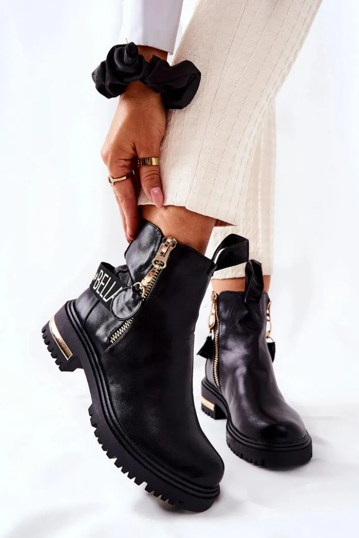 Boto Czarne Botki|Botki Płaskie*Klasyczne Botki Z Paskiem Czarne Lorie