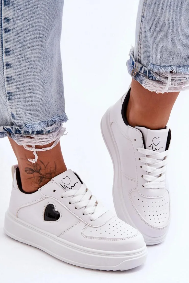 Boto Buty Sportowe Na Platformie|Sneakersy Damskie*Klasyczne Buty Sportowe Z Serduszkiem Biało-Czarne Amore