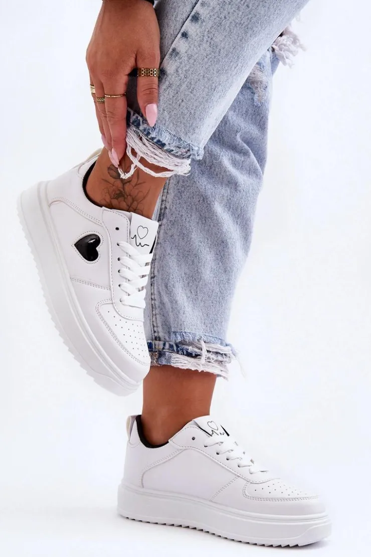 Boto Buty Sportowe Na Platformie|Sneakersy Damskie*Klasyczne Buty Sportowe Z Serduszkiem Biało-Czarne Amore