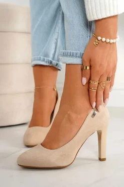 Boto Czółenka Na Słupku*Klasyczne Czółenka Na Słupku Zamszowe Beżowe Eliana