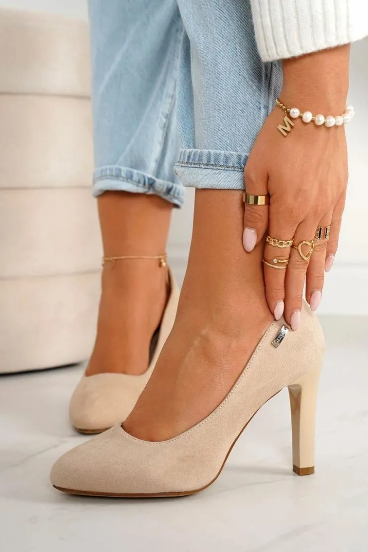 Boto Czółenka Na Słupku*Klasyczne Czółenka Na Słupku Zamszowe Beżowe Eliana