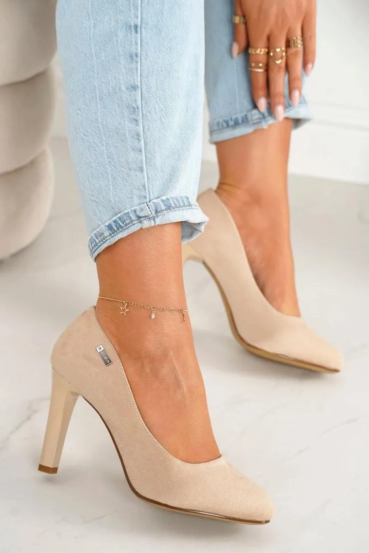 Boto Czółenka Na Słupku*Klasyczne Czółenka Na Słupku Zamszowe Beżowe Eliana